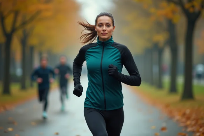 Femme coureuse en veste technique teal dans un parc urbain automnal, capturée en pleine foulée avec une expression de détermination