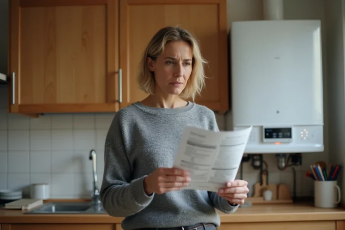 Femme consultant un manuel de dépannage face à une chaudière Saunier Duval en panne affichant l'erreur F28 dans une cuisine résidentielle