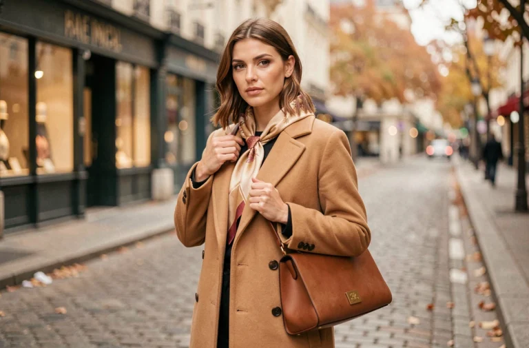 Femme élégante portant un manteau camel et un foulard en soie avec un sac à main structuré en cuir dans une rue pavée parisienne en automne