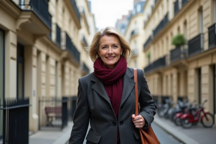 Femme élégante se promenant dans une rue résidentielle parisienne aux façades haussmanniennes
