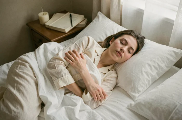 Jeune femme endormie dans un lit blanc froissé avec une expression de rêve paisible, illustration de l'interprétation des rêves