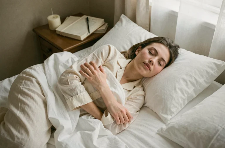 Jeune femme endormie dans un lit blanc froissé avec une expression de rêve paisible, illustration de l'interprétation des rêves
