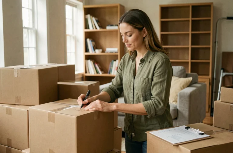 Femme organisant ses cartons de déménagement en étiquetant ses affaires dans un salon en cours de rangement