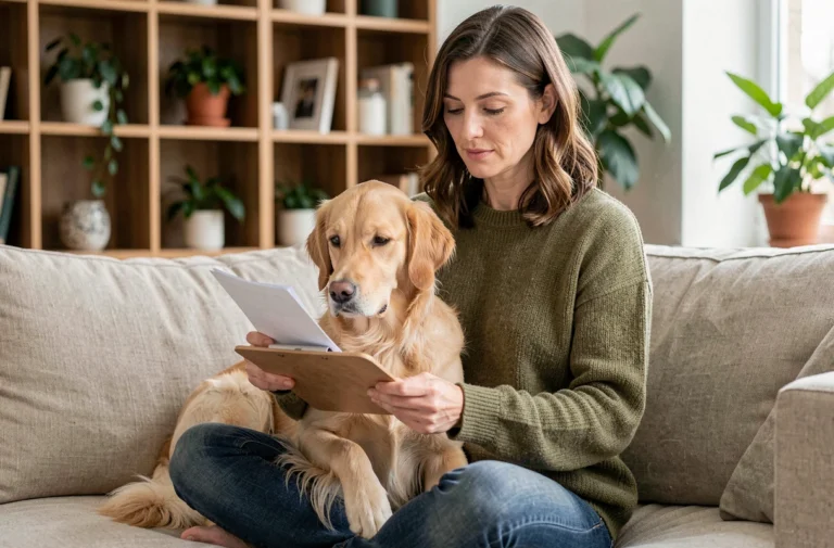 Femme tenant son golden retriever sur ses genoux tout en consultant un document sur une assurance santé animale