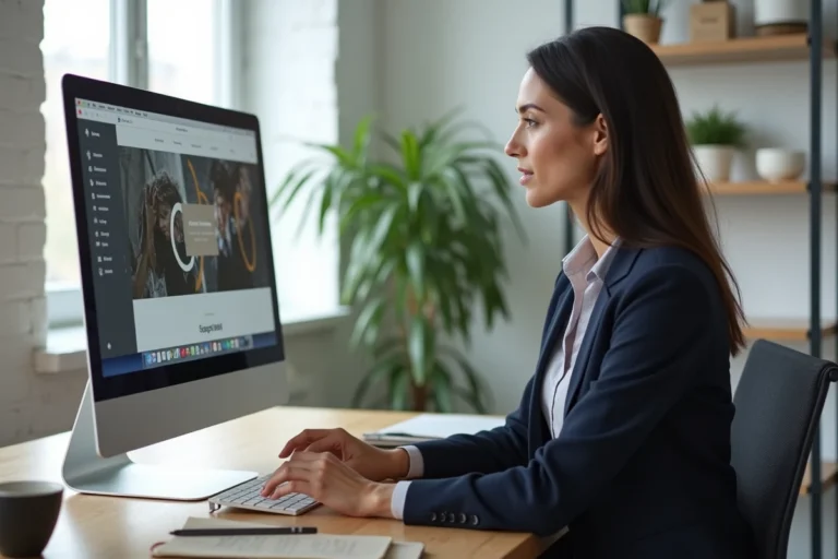 Femme professionnelle analysant la conception d'un site web professionnel sur un ordinateur de bureau dans un bureau moderne