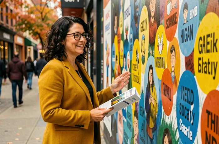 Femme tenant un programme de journées mondiales devant une fresque urbaine colorée célébrant des événements internationaux de sensibilisation