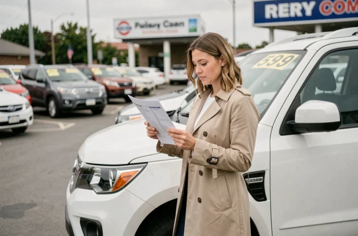 Femme analysant le rapport d'historique d'un SUV d'occasion dans un parking de concessionnaire