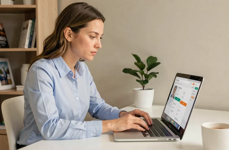 Femme en télétravail consultant une plateforme de recherche d'emploi en ligne sur son ordinateur portable dans un bureau moderne