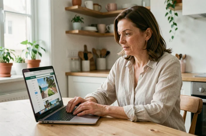 Femme consultant la plateforme Abritel sur un ordinateur portable dans un appartement moderne
