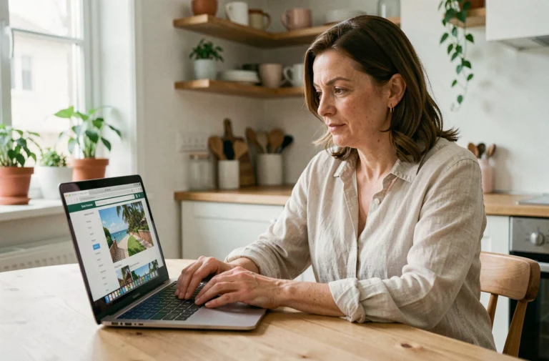 Femme consultant la plateforme Abritel sur un ordinateur portable dans un appartement moderne