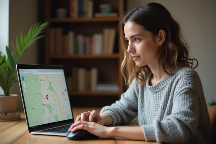 Femme cherchant une maison sur Google Maps depuis son bureau à domicile
