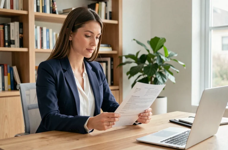 Femme professionnelle révisant son CV à son bureau pour décrocher un emploi rapidement