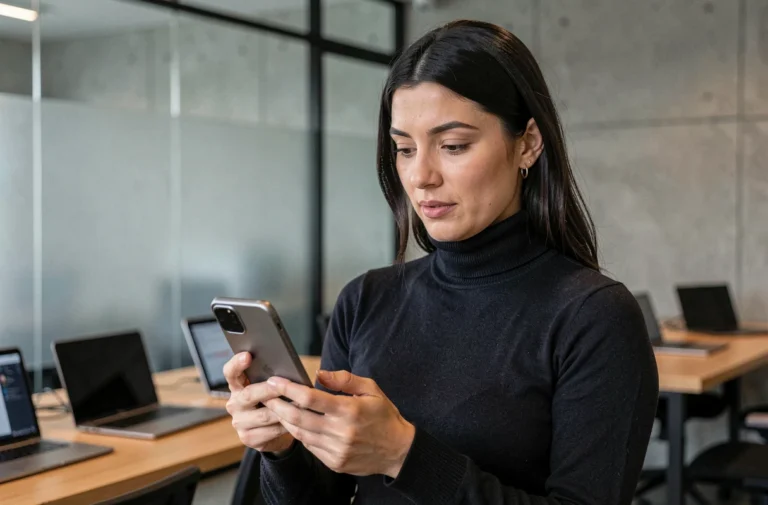 Femme tenant un smartphone pliable dans un bureau technologique moderne, découvrant les innovations 2024