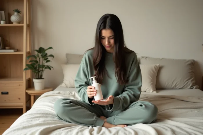 Femme aux cheveux lisses appliquant un shampoing adapté au lissage brésilien dans une chambre minimaliste