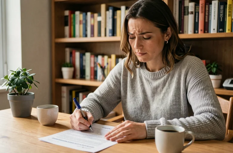 Femme réfléchissant à son orientation professionnelle en remplissant un questionnaire à son bureau à domicile