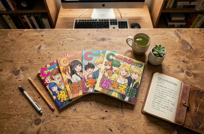 Vue du dessus d'une sélection de mangas célèbres commençant par C posés sur un bureau en bois avec une tasse de thé et un carnet de notes