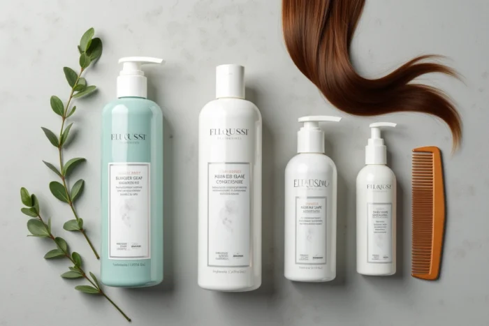 Flat lay de soins capillaires sulfate-free et peigne en bois pour cheveux après lissage brésilien