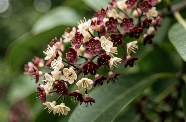 Gros plan sur les fleurs de pittosporum kohuhu en pleine floraison, montrant les petites fleurs bordeaux et crème aux détails botaniques fins