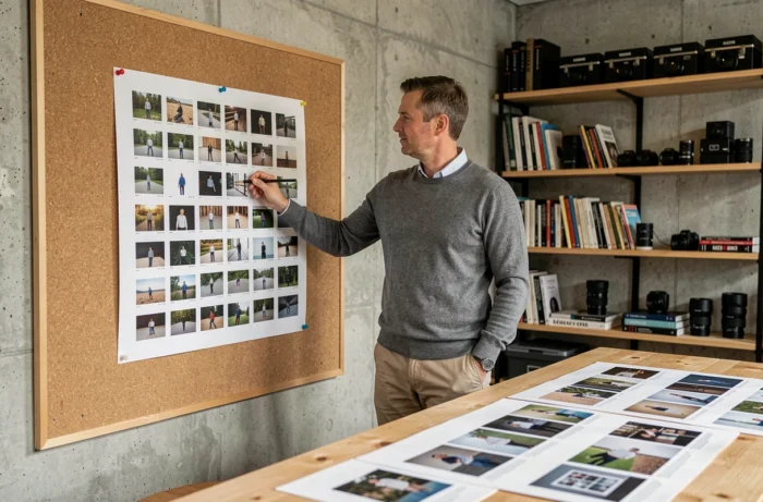Formateur en photographie expliquant les différents plans de cadrage devant un tableau de planches contact dans un studio professionnel, pour un cours sur la composition photographique
