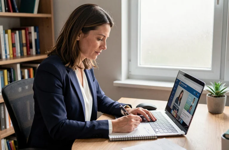 Femme salariée en formation digitale à son bureau à domicile, prenant des notes sur un cours en ligne