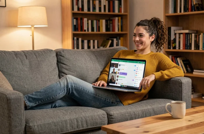 Jeune femme salariée participant à un webinar de formation digitale depuis son canapé le soir