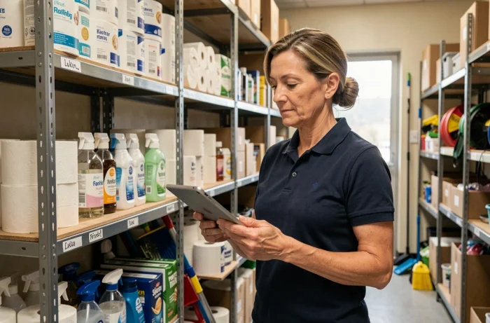 Responsable de gestion des sanitaires inspectant un stock de produits d'hygiène professionnels dans une réserve organisée