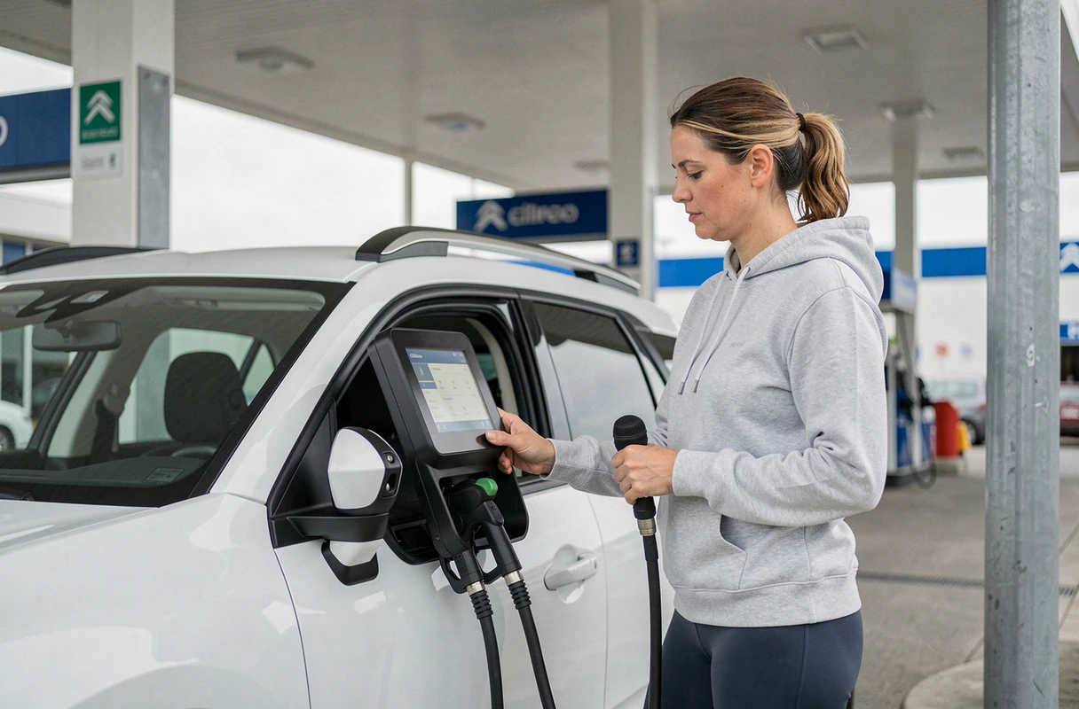 Femme gonflant les pneus de sa Citroën C5 Aircross à une borne de gonflage en libre-service à la station-service