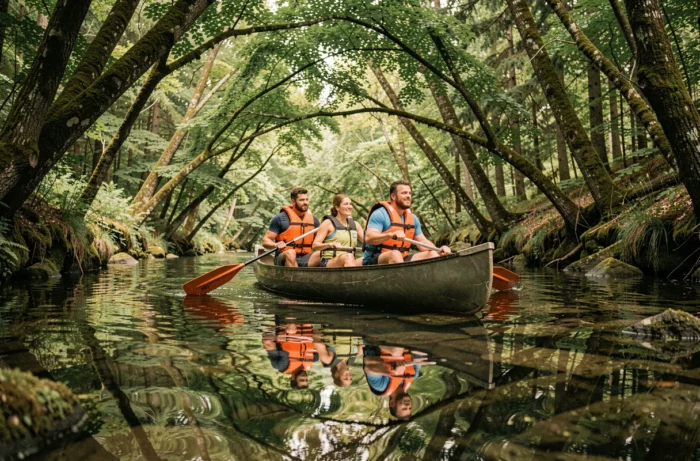 Groupe d'adultes en canoë sur une rivière forestière calme lors d'un stage de plein air en pleine nature