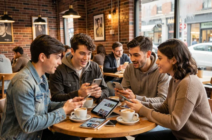 Groupe de jeunes adultes discutant de l'actualité autour de leurs smartphones dans un café urbain animé