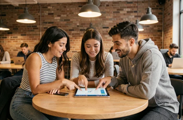 Groupe de jeunes adultes discutant ensemble d'un test d'orientation professionnelle sur une tablette dans un espace de coworking