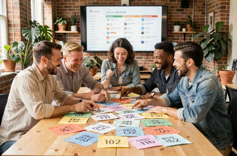 Groupe de personnes planifiant des journées mondiales autour d'une table en bois avec des calendriers colorés et des bannières thématiques dans un espace de coworking