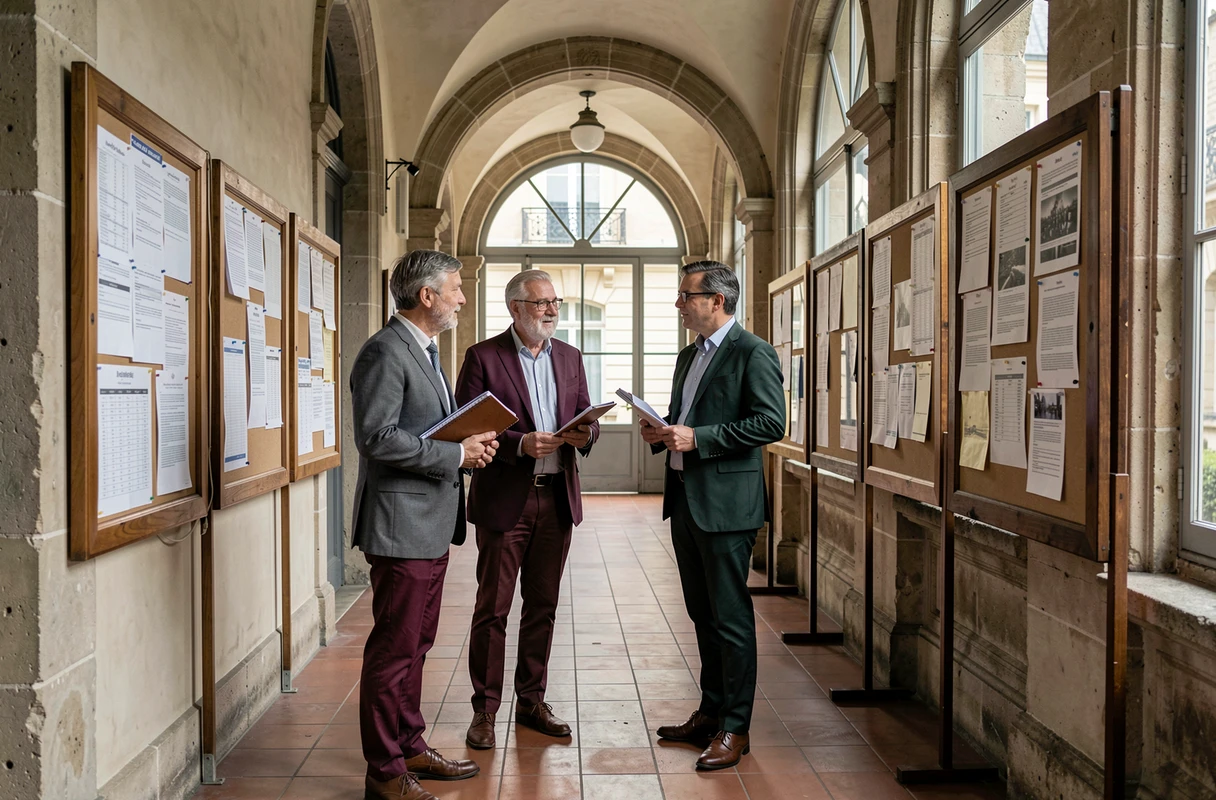 Groupe de professeurs de classe préparatoire discutant dans le couloir d'un lycée parisien historique