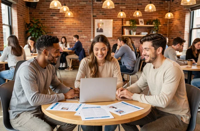 Groupe de jeunes adultes collaborant sur des offres d'emploi dans un espace de coworking local