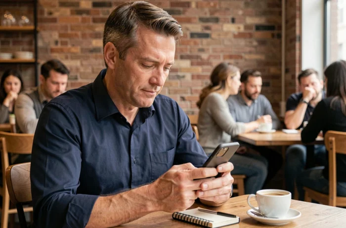 Homme accédant à sa boîte mail Orange sur smartphone dans un café urbain