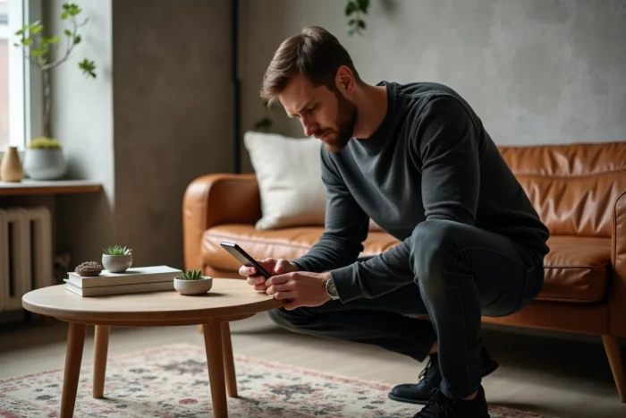 Homme aménageant des objets décoratifs dans un appartement urbain tout en consultant une application de décoration sur smartphone