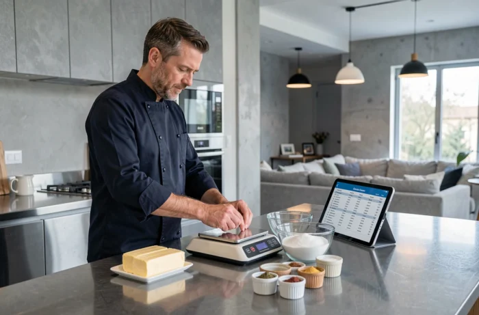 Homme en veste de chef consultant un tableau de conversion de masse sur tablette tout en utilisant une balance numérique dans une cuisine moderne minimaliste