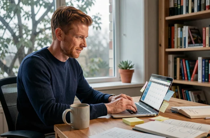 Homme consultant un calendrier numérique des journées mondiales 2026 sur laptop dans un bureau à domicile avec des notes et carnets ouverts