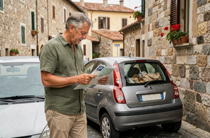 Homme consultant une carte de stationnement près de sa voiture dans une rue de Pise proche de la plage