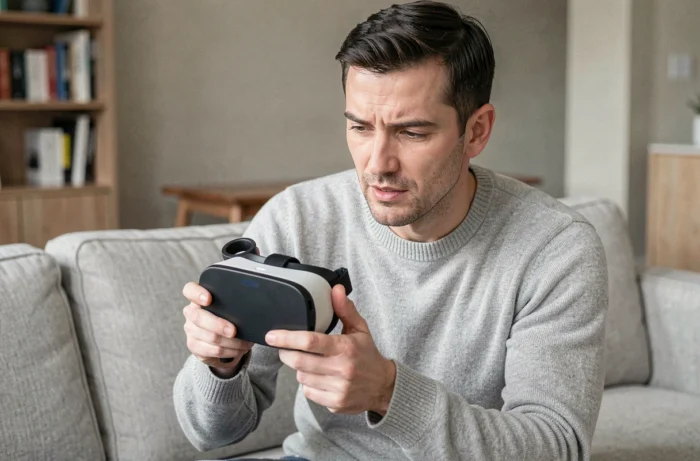 Homme tenant un casque VR autonome dans un salon moderne, illustrant la sortie du Pico 5