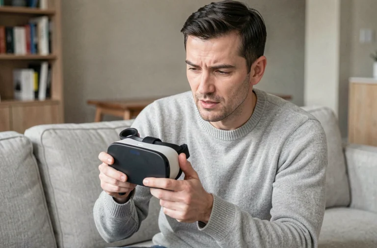 Homme tenant un casque VR autonome dans un salon moderne, illustrant la sortie du Pico 5