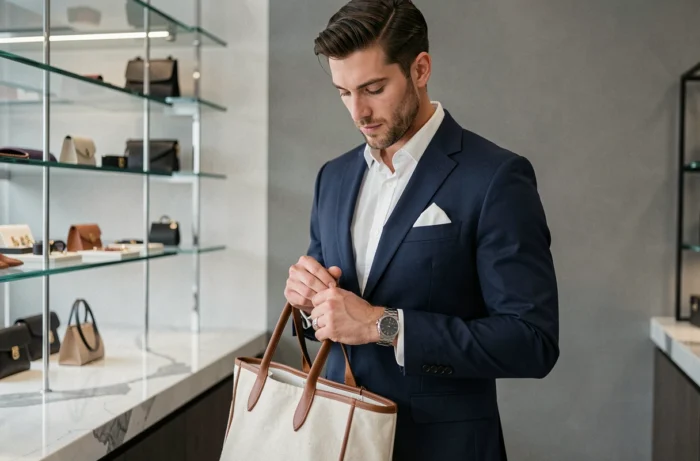 Homme en costume marine avec montre minimaliste et sac en toile cuir dans une boutique d'accessoires moderne et élégante