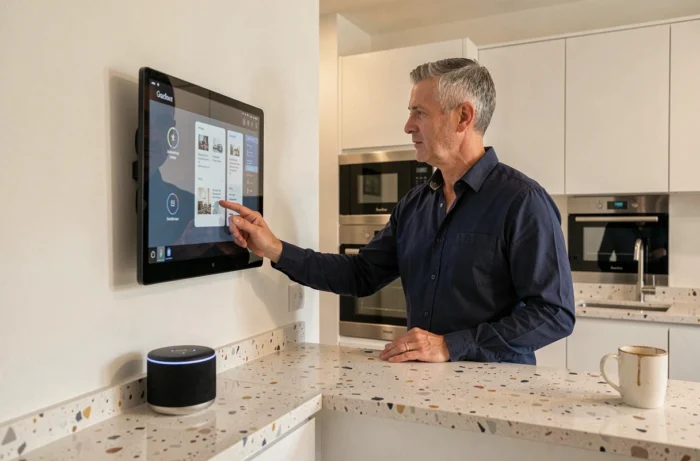 Homme interagissant avec un panneau domotique dans une cuisine connectée moderne