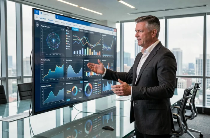 Homme en blazer présentant des innovations technologiques sur un écran interactif lors d'une conférence 2024