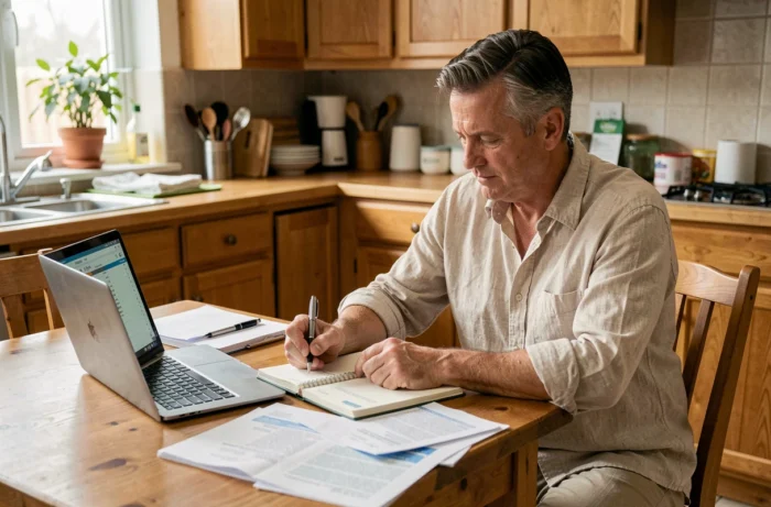Homme gérant son budget familial à la maison avec des factures et un ordinateur pour mieux économiser