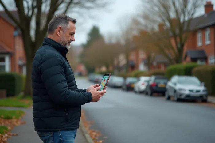 Homme consultant Google Maps sur smartphone devant une maison dans un quartier résidentiel
