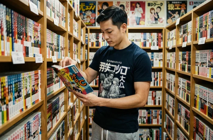 Jeune homme parcourant une collection de mangas en C dans une librairie spécialisée manga et culture japonaise