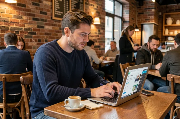 Jeune homme prenant des notes sur sa recherche d'emploi en ligne dans un café urbain avec son ordinateur portable