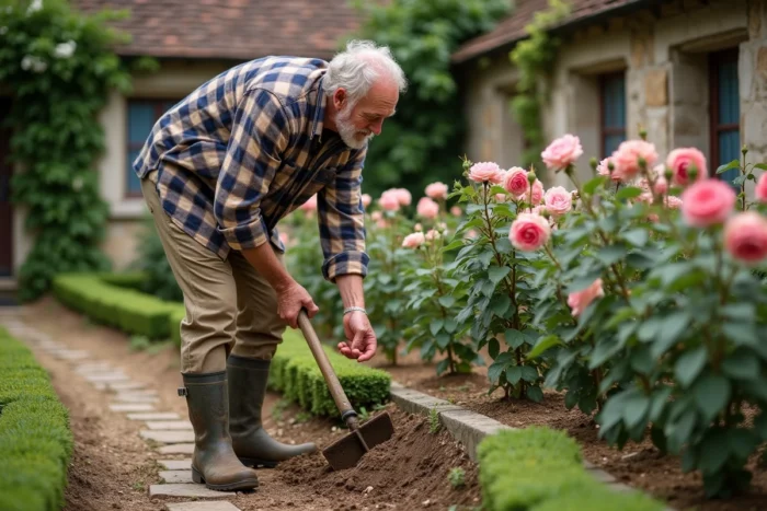 Homme âgé utilisant une serfouette pour ameublir la terre autour de rosiers dans un jardin de campagne français