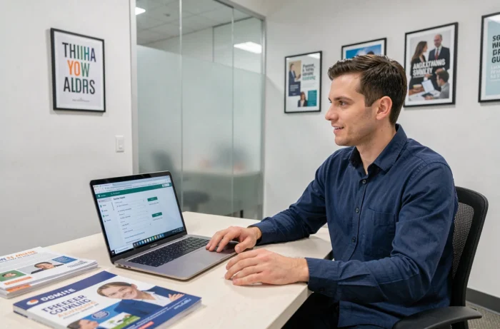 Homme consultant un test d'aptitude professionnelle sur un ordinateur portable dans un bureau de conseil en orientation