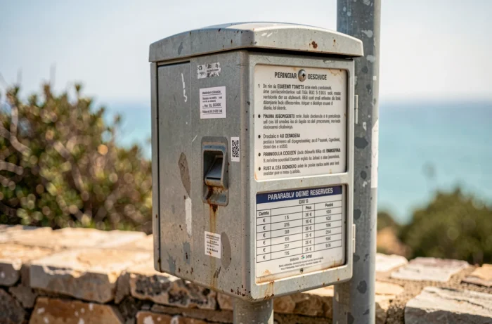 Horodateur du parking réservé de la plage La Pelosa à Stintino avec grille tarifaire en euros